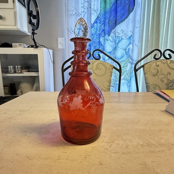 Victorian Dip Moulded Engraved Ruby Glass Decanter With Stopper - Picture 5 of 12